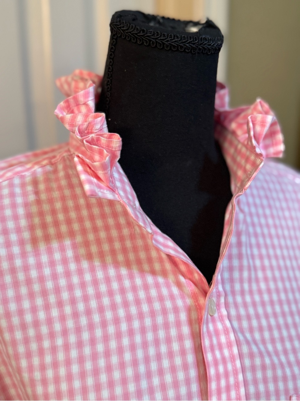 Upcycled Pink Gingham Button-Up Shirt with Ruffle Collar - Picture 3 of 9